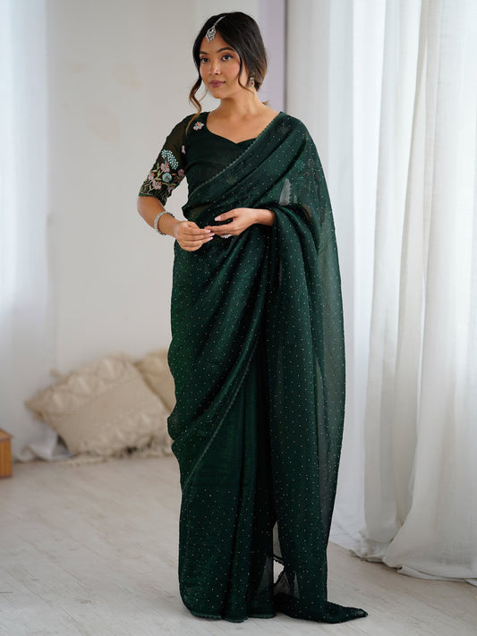 Green Dark Party Wear Tissue Embellished Saree