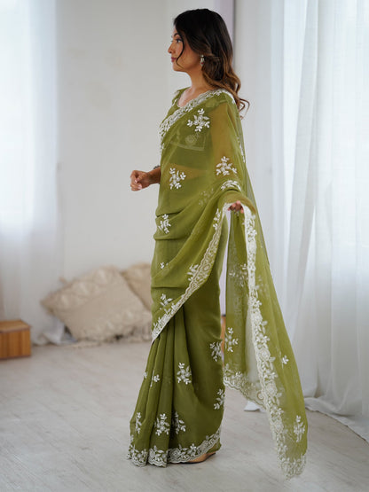 Olive Party Wear Georgette Embellished Saree