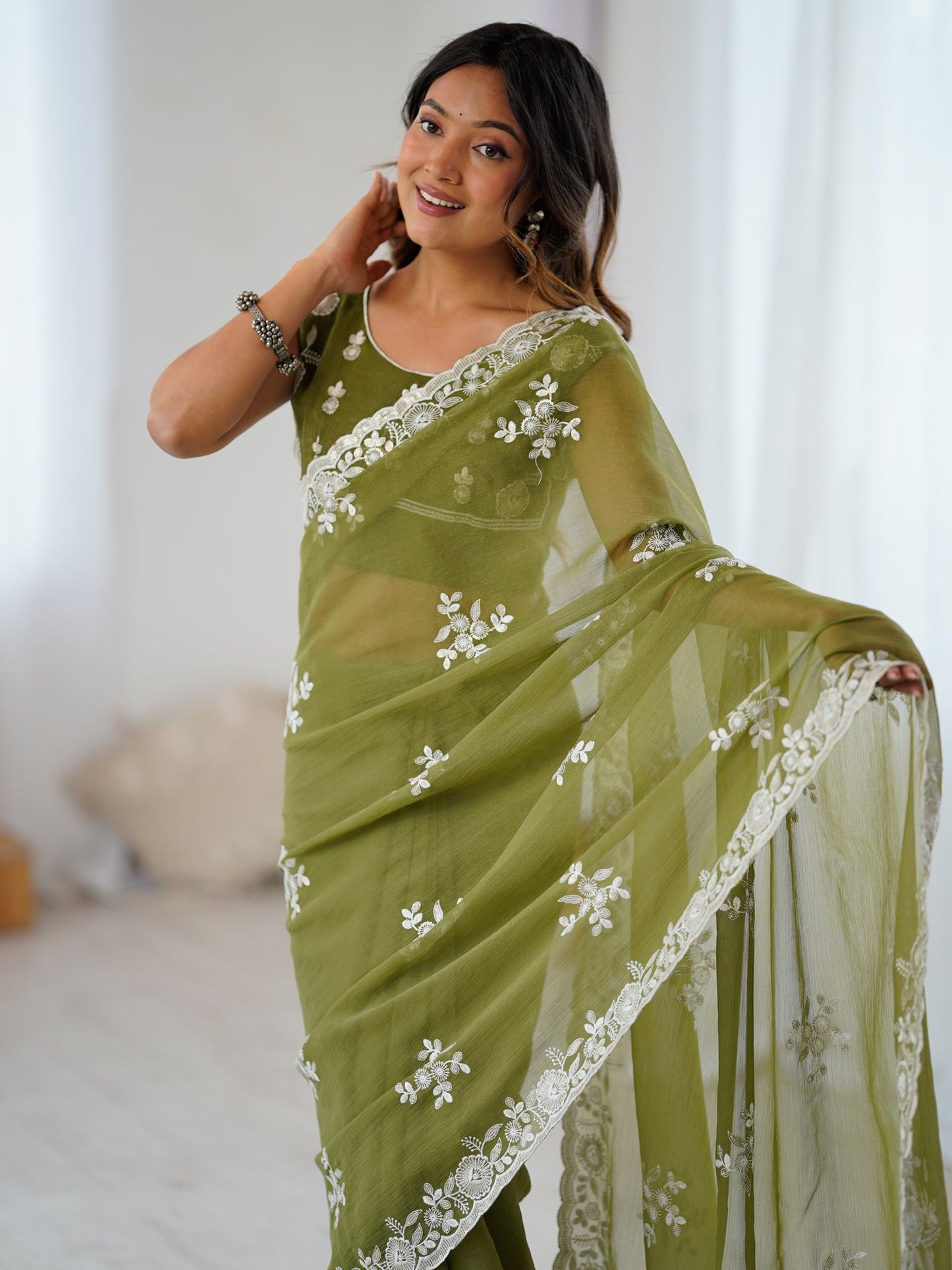 Olive Party Wear Georgette Embellished Saree