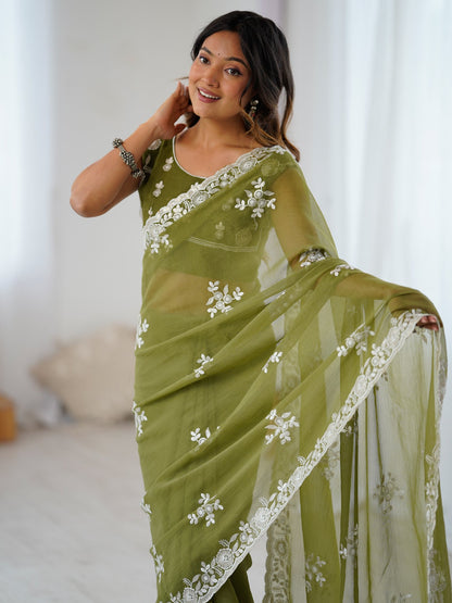 Olive Party Wear Georgette Embellished Saree