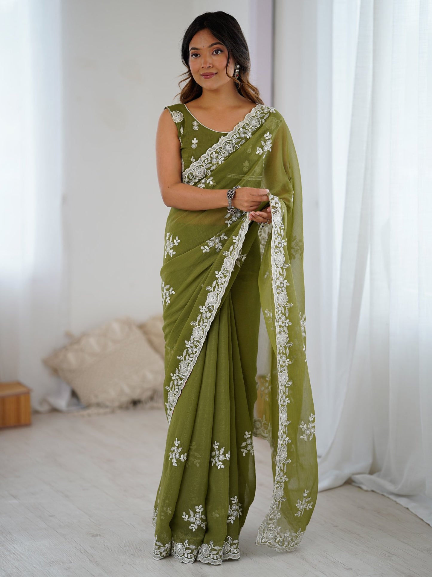Green Olive Party Wear Georgette Embellished Saree