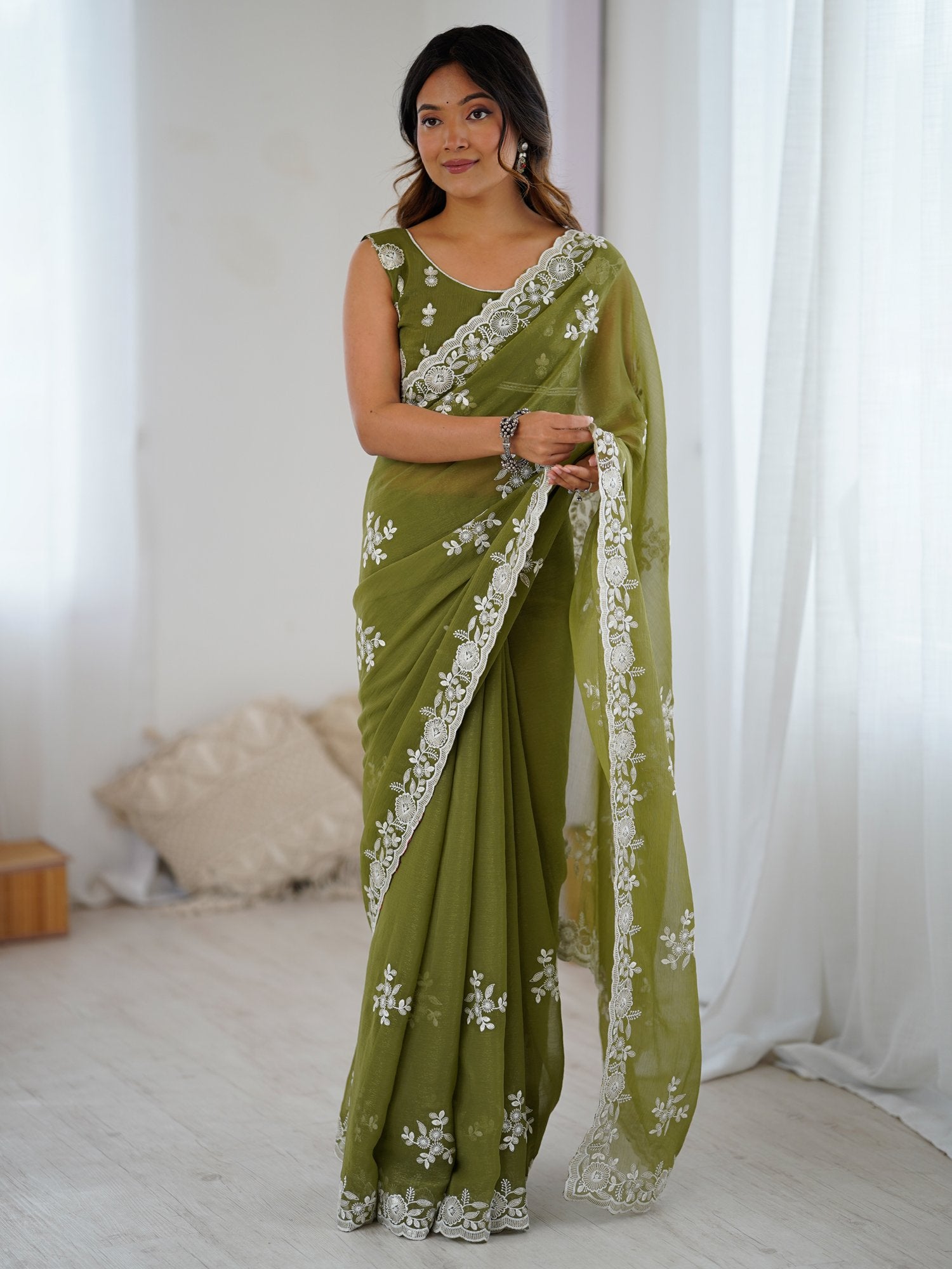 Green Olive Party Wear Georgette Embellished Saree