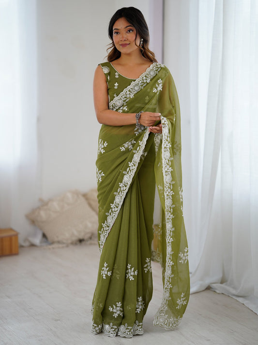 Green Olive Party Wear Georgette Embellished Saree