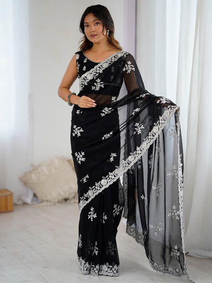 Black Black Party Wear Georgette Embellished Saree