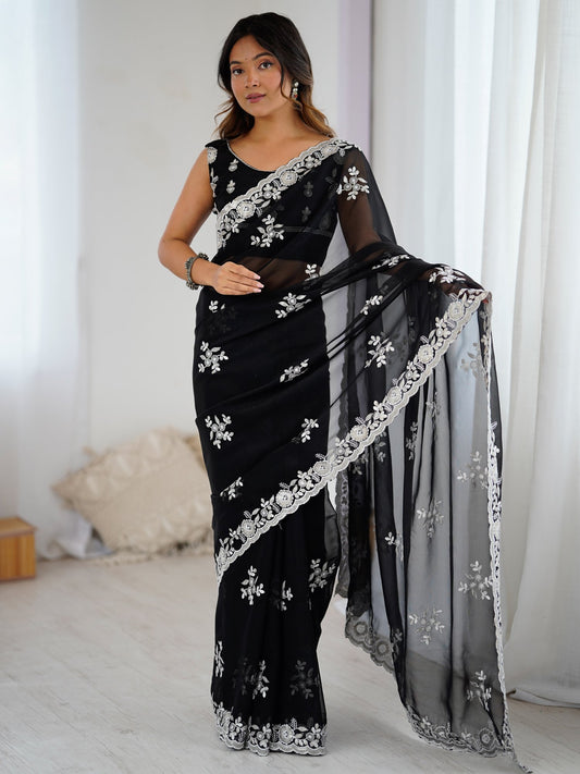 Black Black Party Wear Georgette Embellished Saree