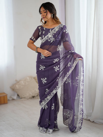 Purple Party Wear Georgette Embellished Saree
