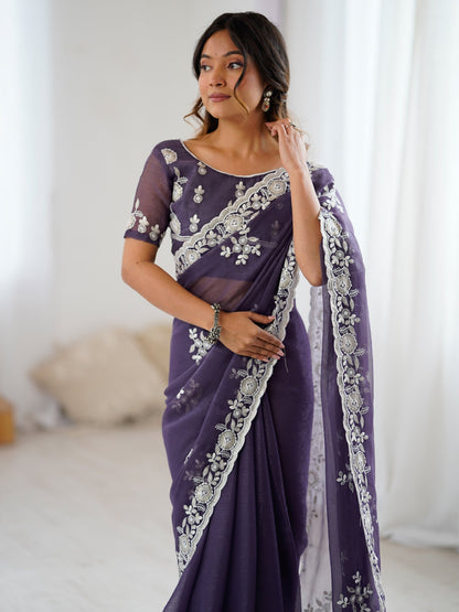 Purple Party Wear Georgette Embellished Saree