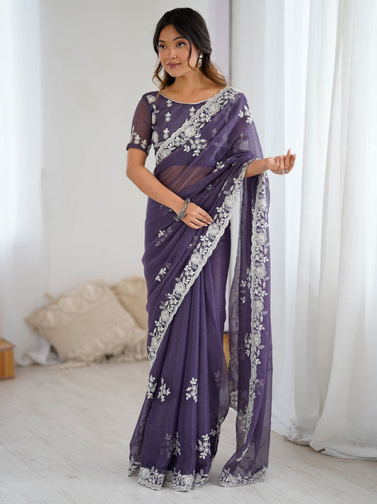 Purple Purple Party Wear Georgette Embellished Saree