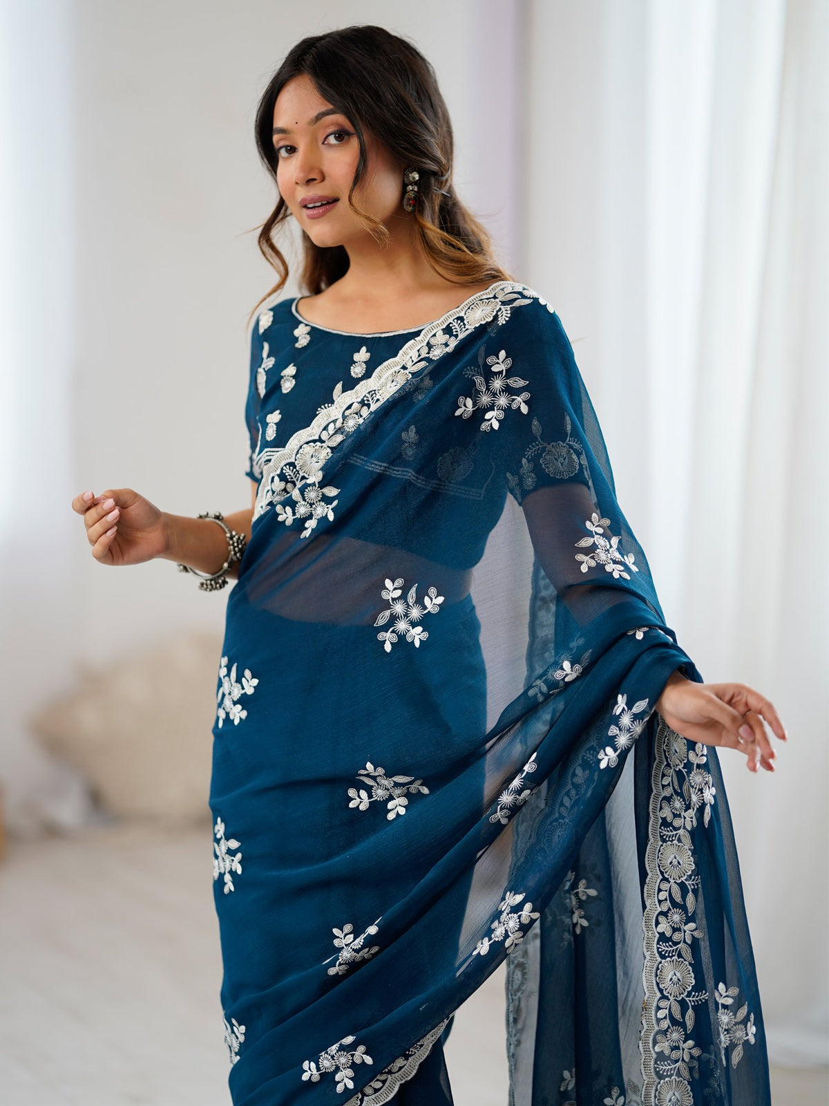 Blue Teal Party Wear Georgette Embellished Saree