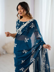 Blue Teal Party Wear Georgette Embellished Saree