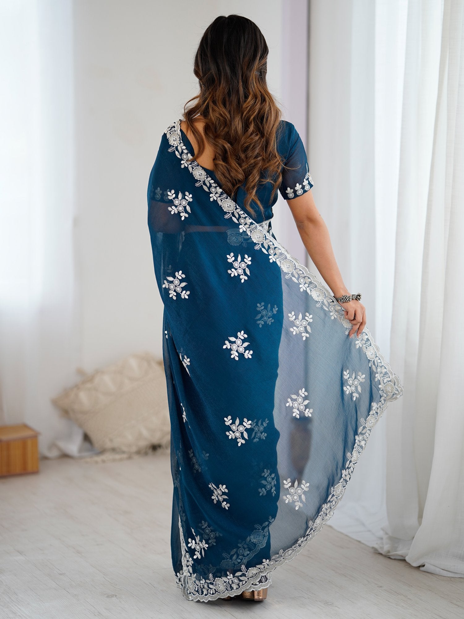 Teal Blue Party Wear Georgette Embellished Saree