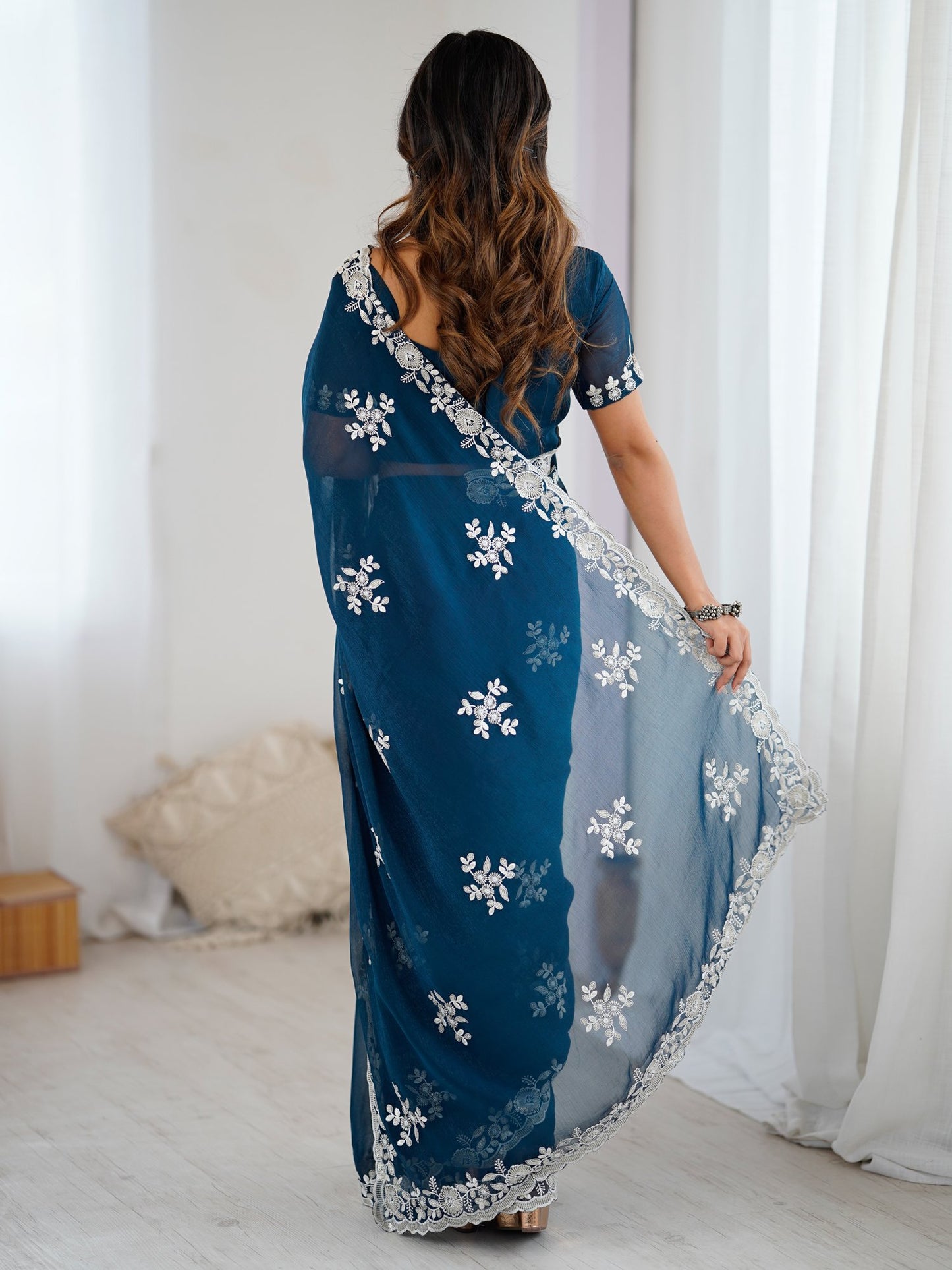 Teal Party Wear Georgette Embellished Saree