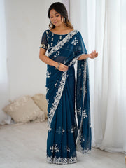 Teal Blue Party Wear Georgette Embellished Saree