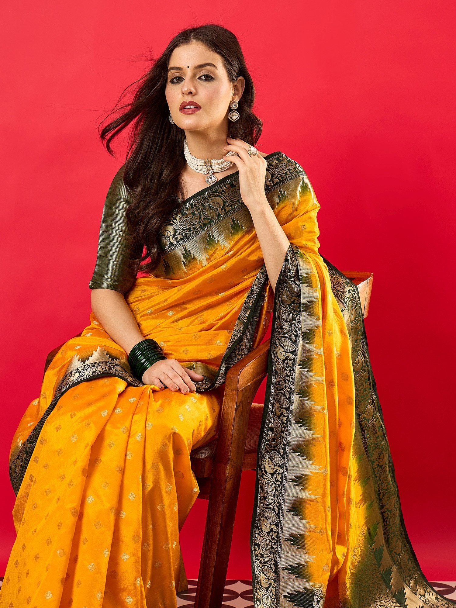 Yellow Banarasi Nylon Woven Saree