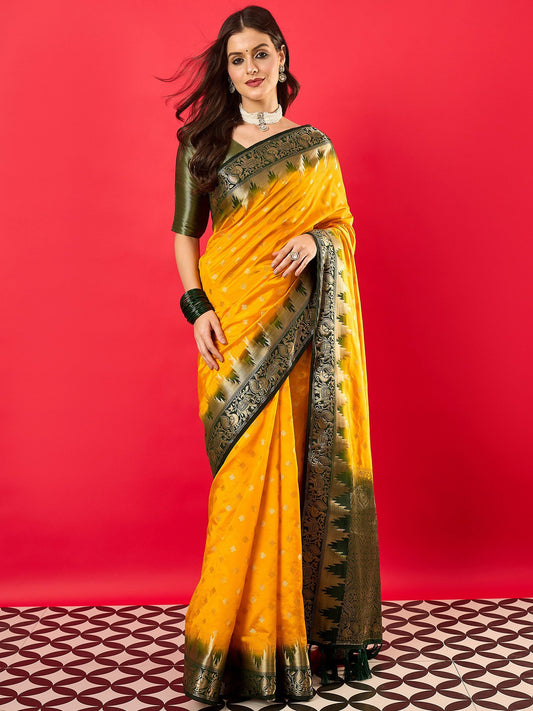 Yellow Yellow Banarasi Nylon Woven Saree
