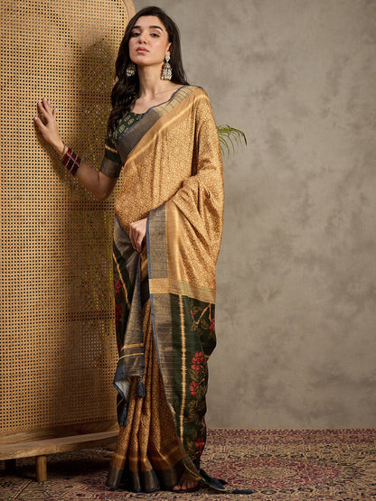 Brown Banarasi Silk Blend Printed Saree