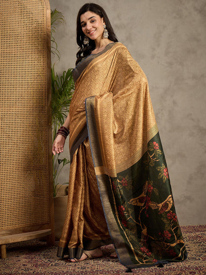 Brown Banarasi Silk Blend Printed Saree