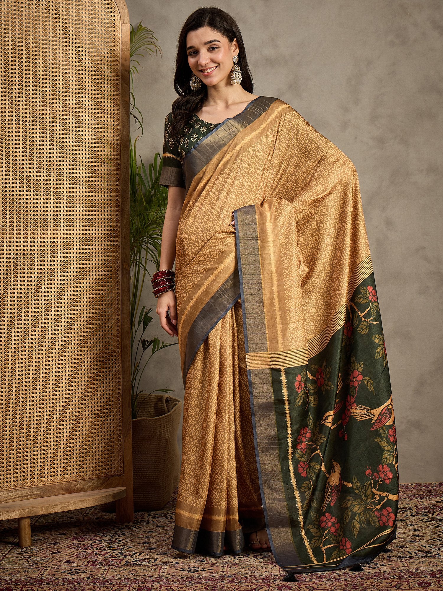 Brown Brown Banarasi Silk Blend Printed Saree