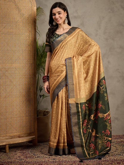 Brown Brown Banarasi Silk Blend Printed Saree