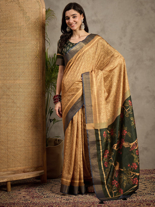 Brown Brown Banarasi Silk Blend Printed Saree