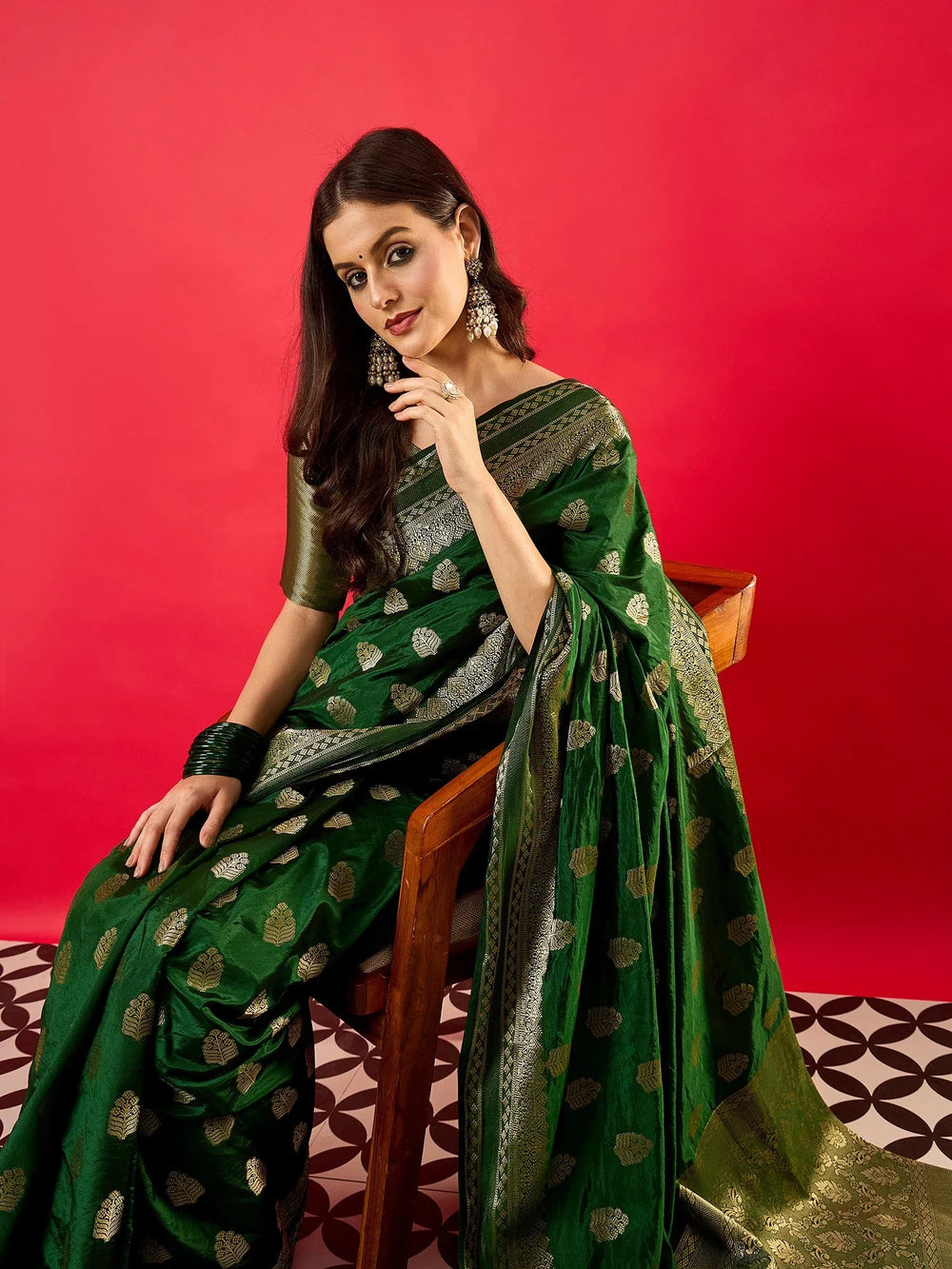 Green Banarasi Nylon Woven Saree - The Dori Store