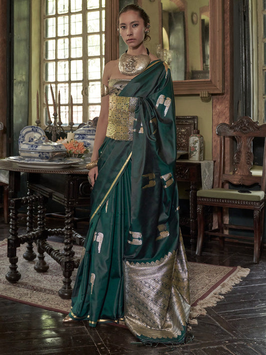 Green Dark Banarasi Satin Woven Saree