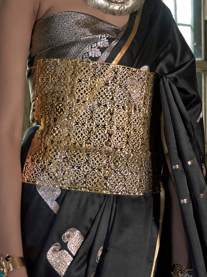 Black Banarasi Satin Woven Saree