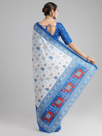 White Block Print Cotton Printed Saree