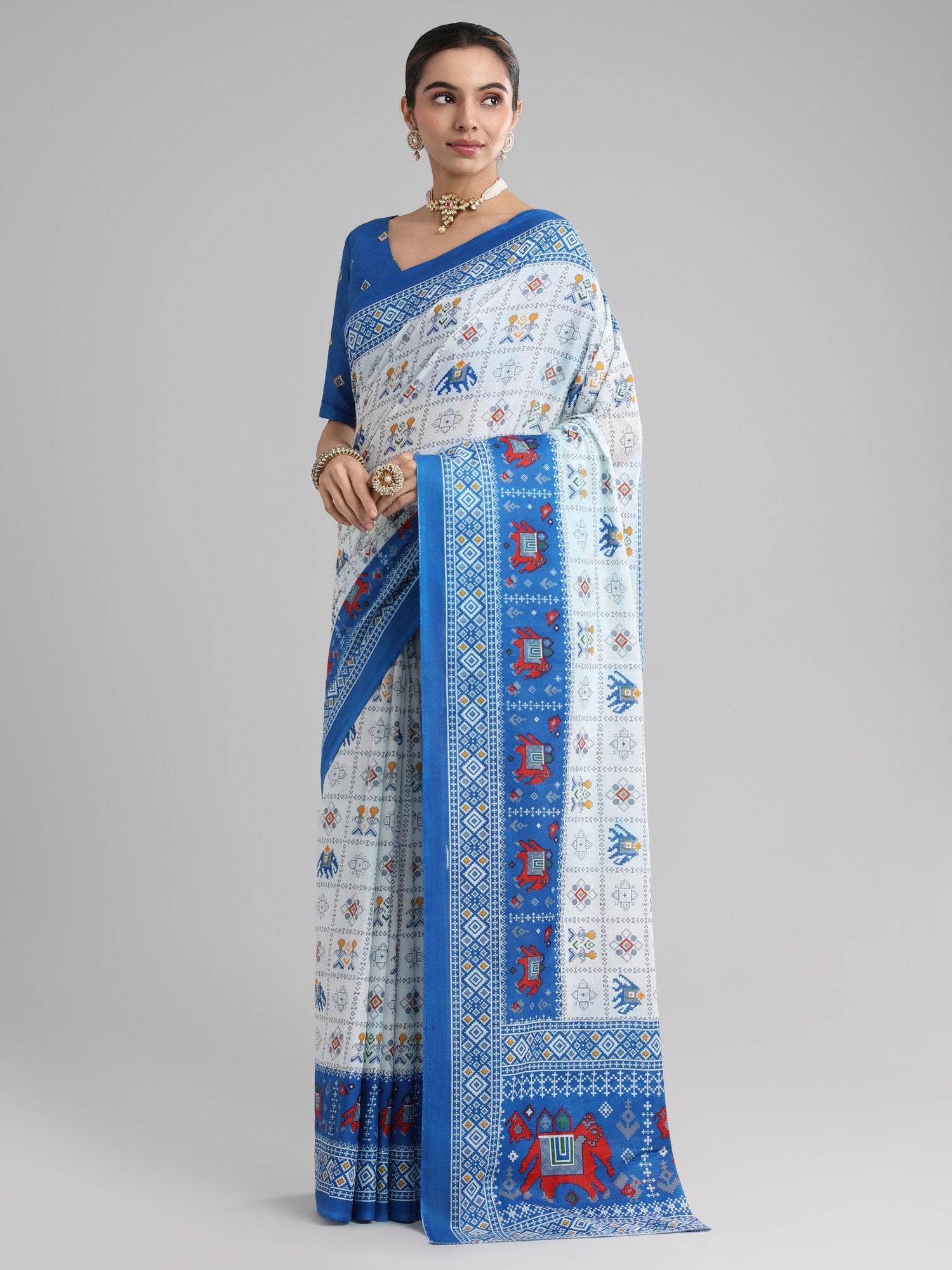 White White Block Print Cotton Printed Saree