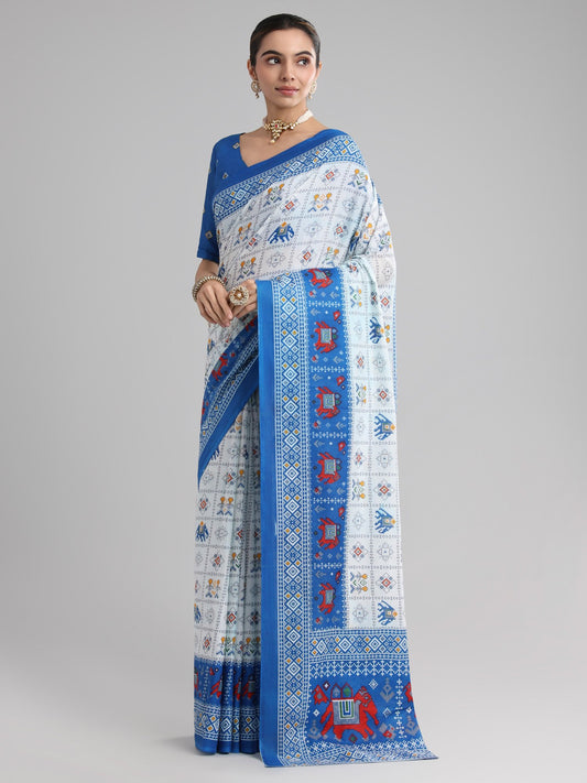 White White Block Print Cotton Printed Saree
