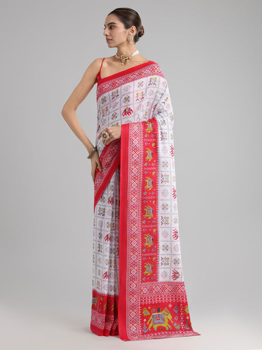 White White Block Print Cotton Printed Saree
