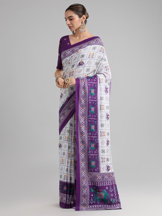 White White Block Print Cotton Printed Saree