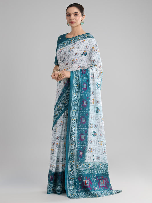 White White Block Print Cotton Printed Saree