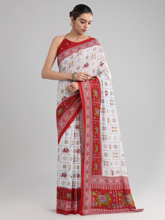 White White Block Print Cotton Printed Saree