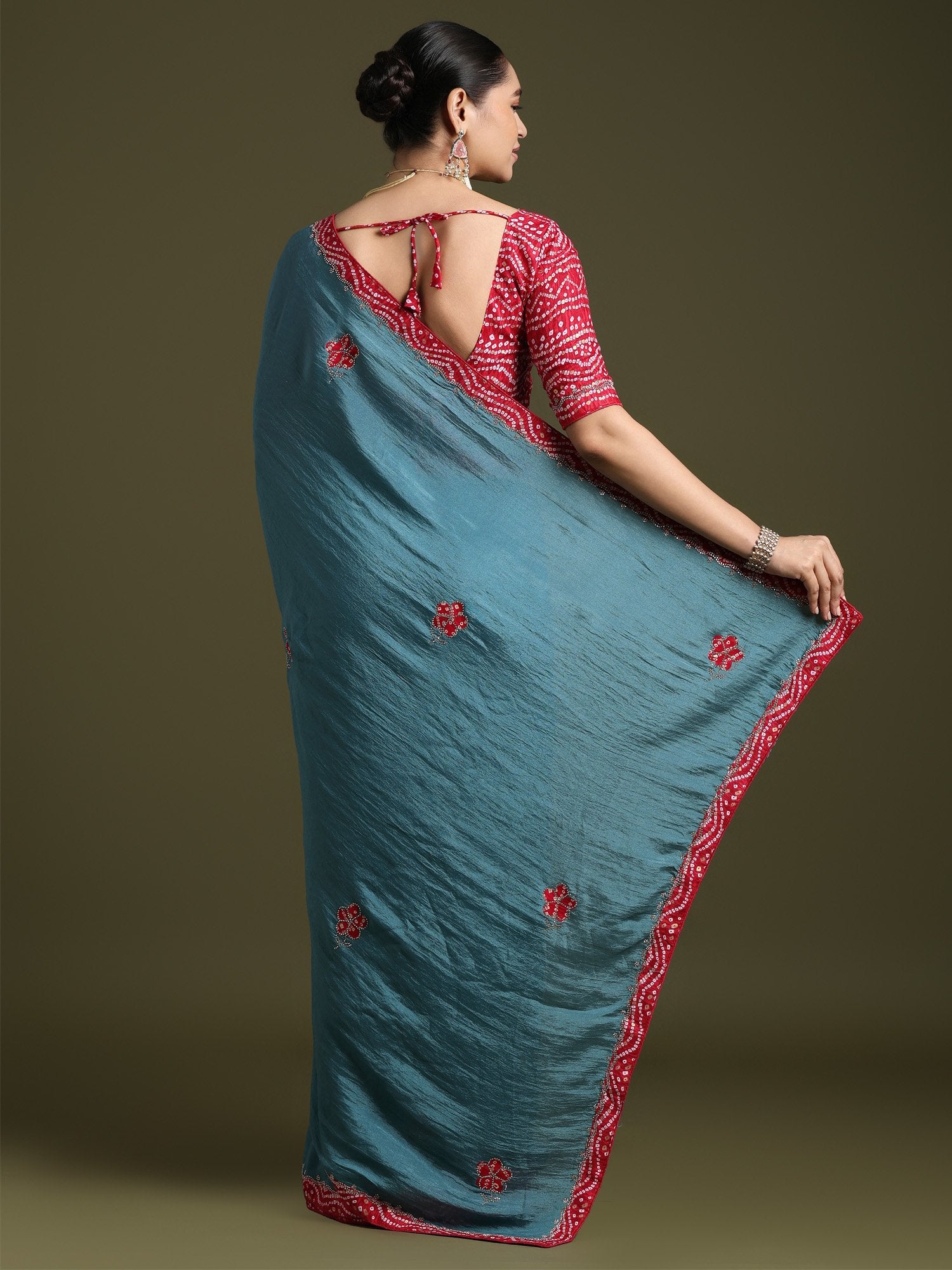 Teal Blue Party Wear Tissue Embellished Saree