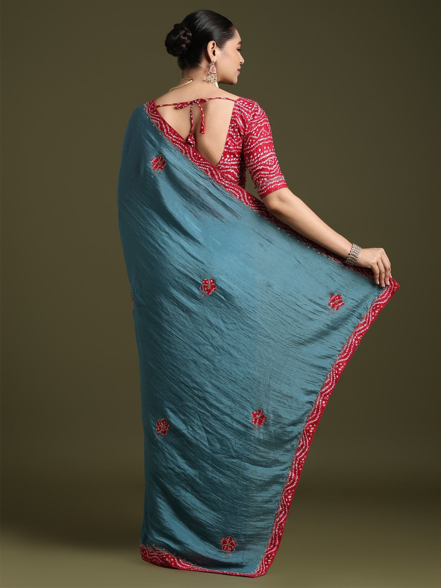 Teal Party Wear Tissue Embellished Saree