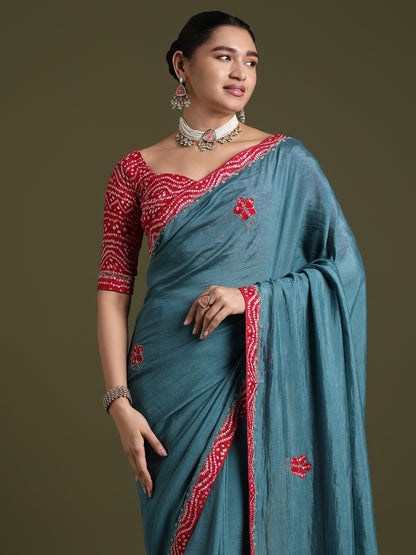 Teal Party Wear Tissue Embellished Saree
