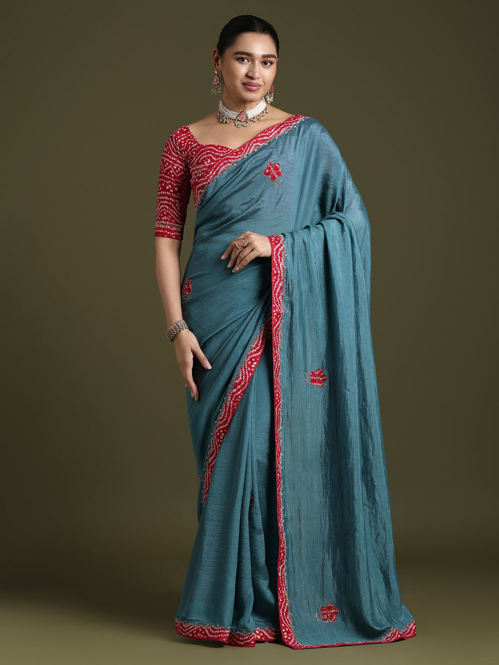 Blue Teal Party Wear Tissue Embellished Saree