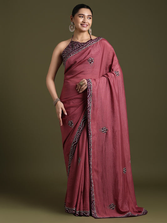 Pink Mauve Party Wear Tissue Embellished Saree
