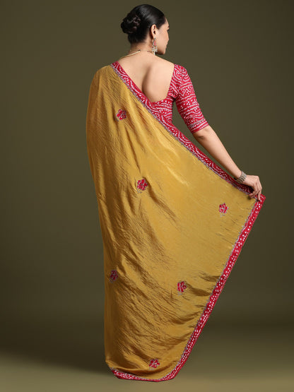 Mustard Party Wear Tissue Embellished Saree