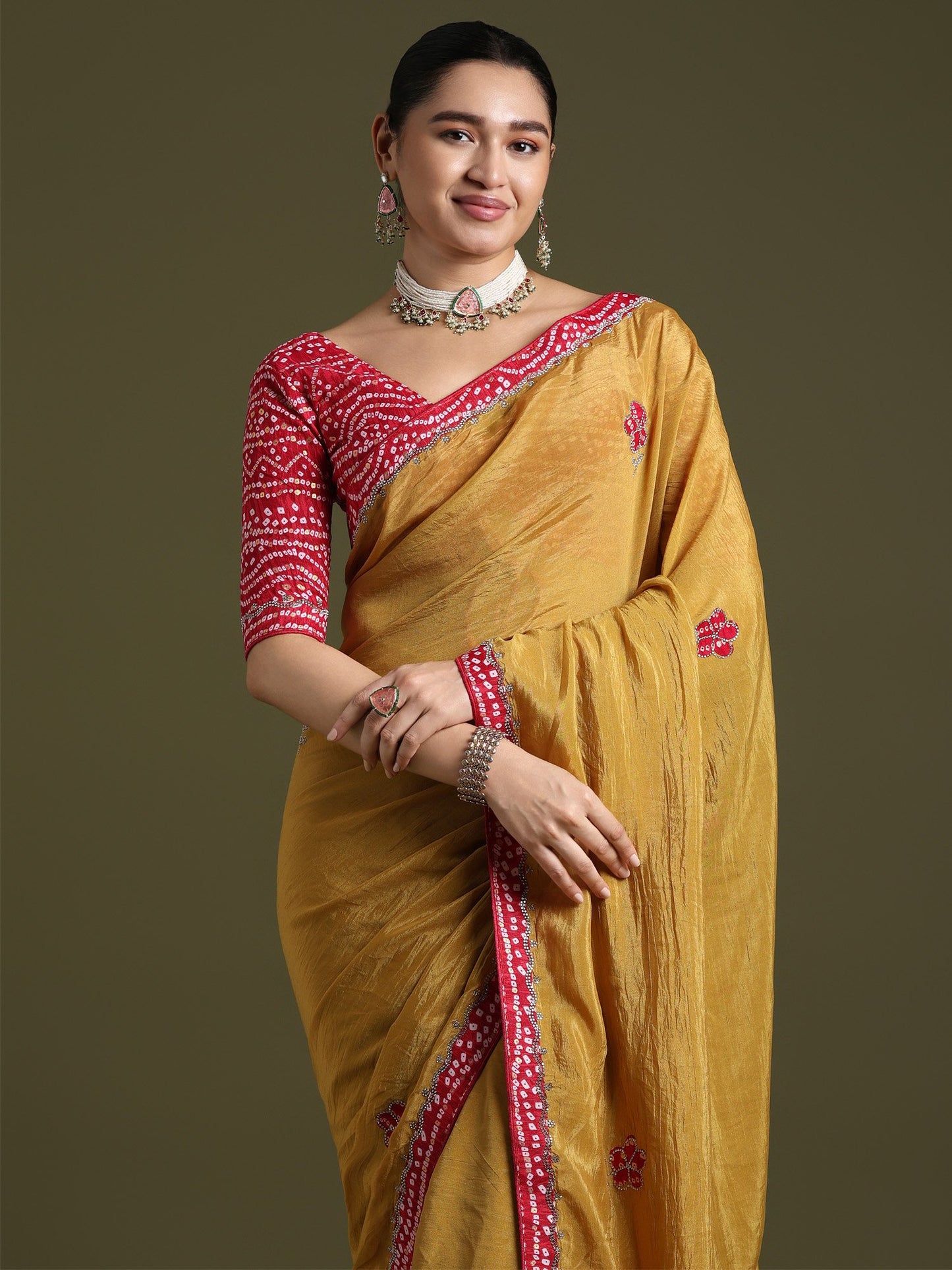 Mustard Party Wear Tissue Embellished Saree