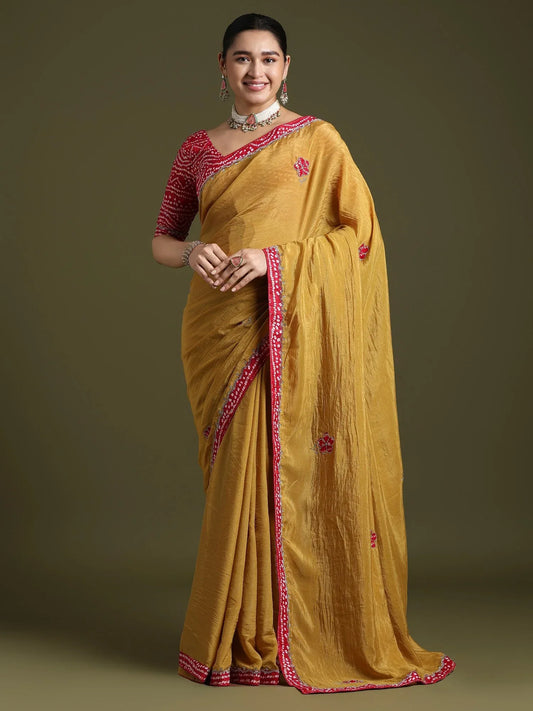 Yellow Mustard Party Wear Tissue Embellished Saree