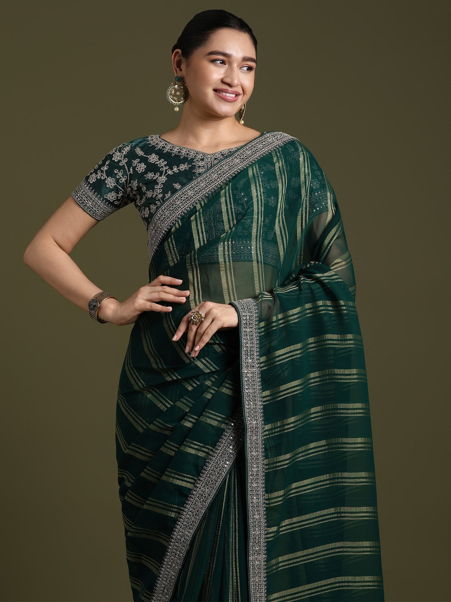 Green Party Wear Georgette Embellished Saree