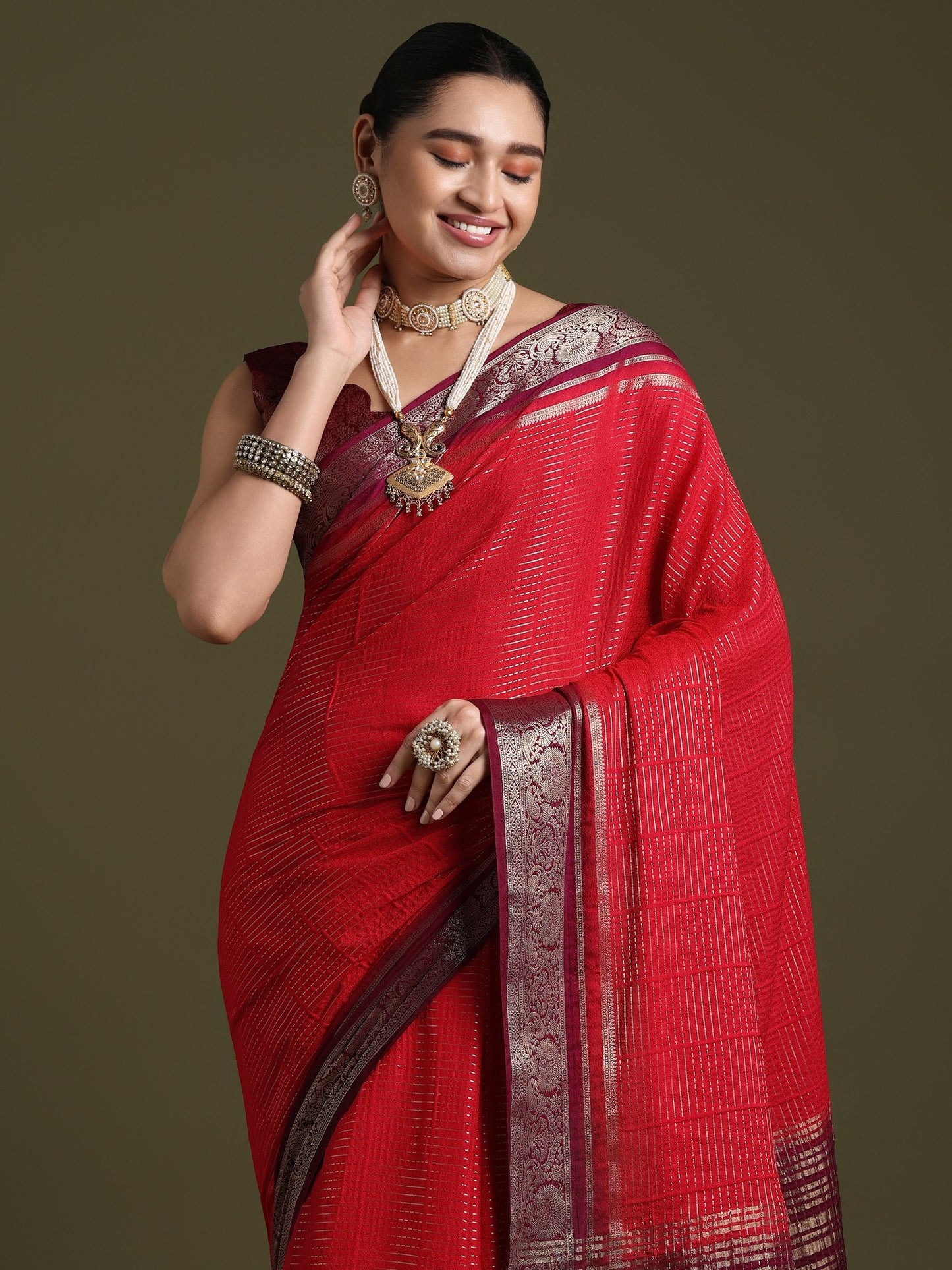 Pink Leheriya Crepe Woven Saree