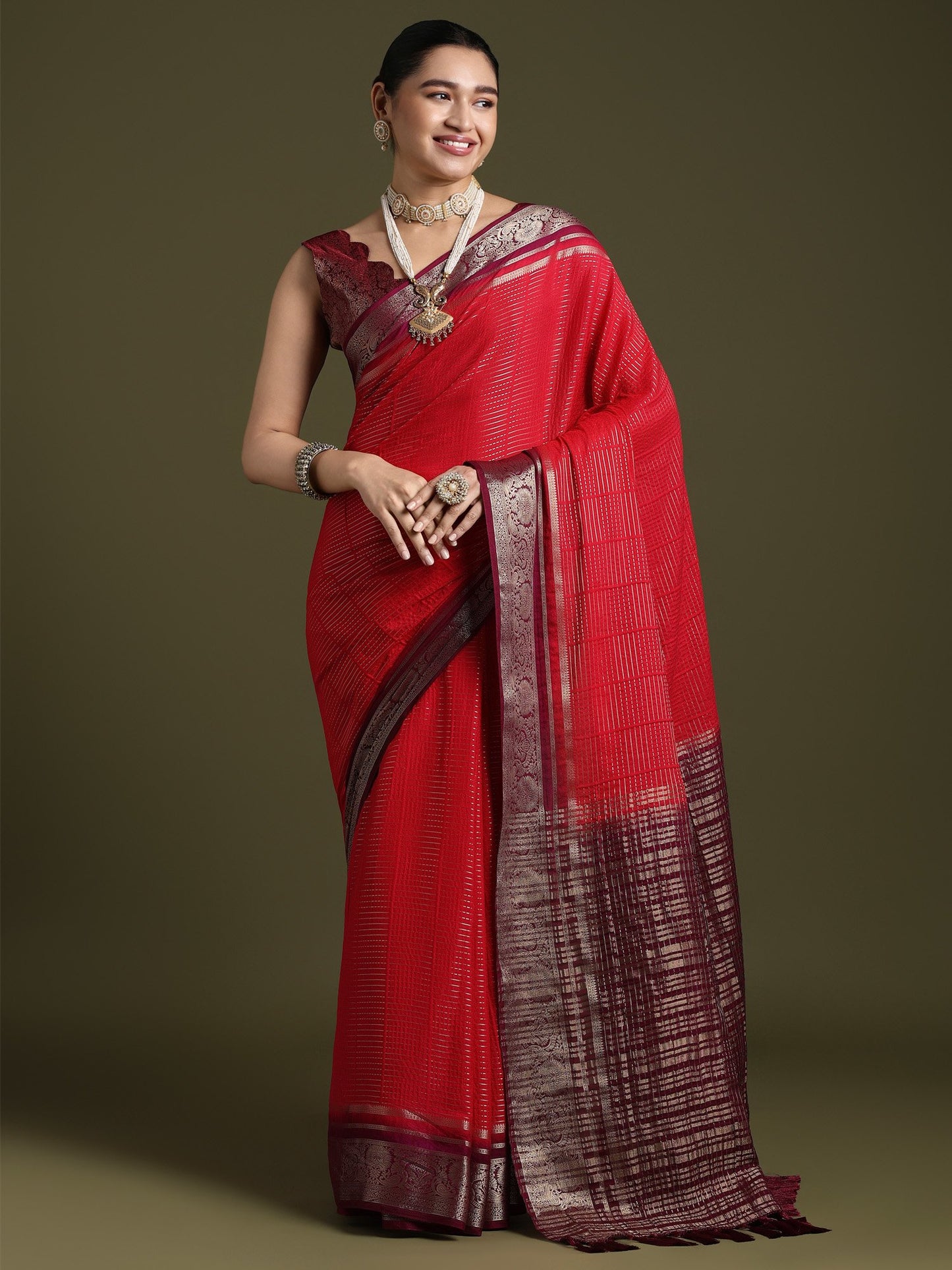 Pink Leheriya Crepe Woven Saree