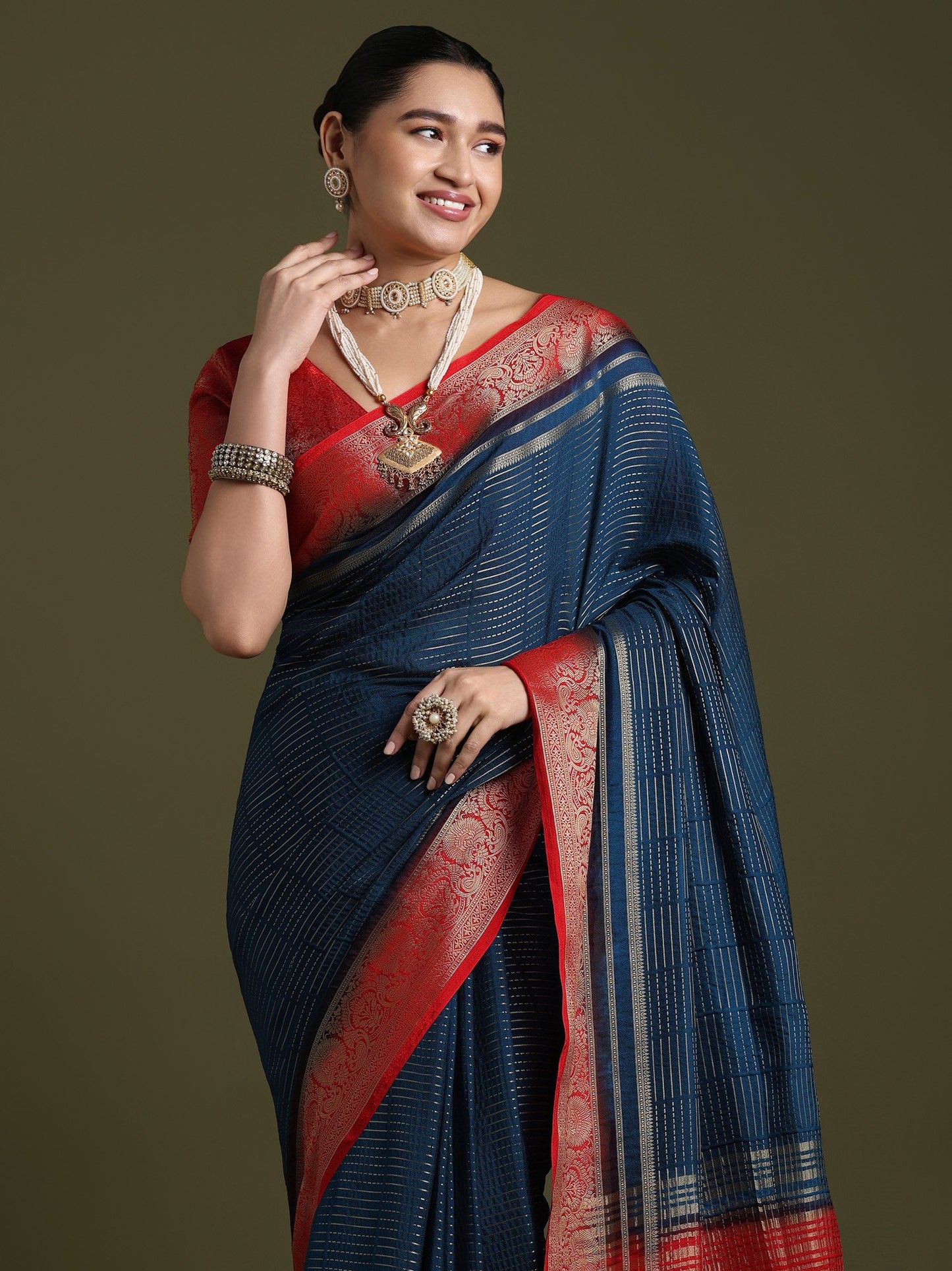 Teal Leheriya Crepe Woven Saree