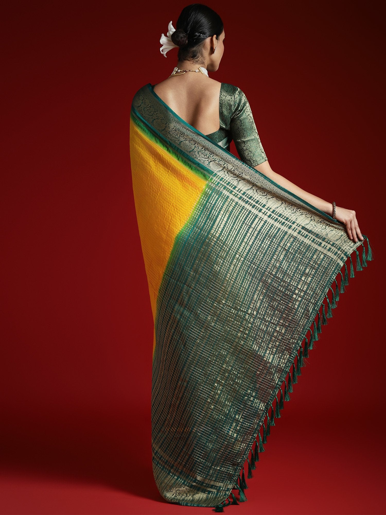 Yellow Leheriya Crepe Woven Saree