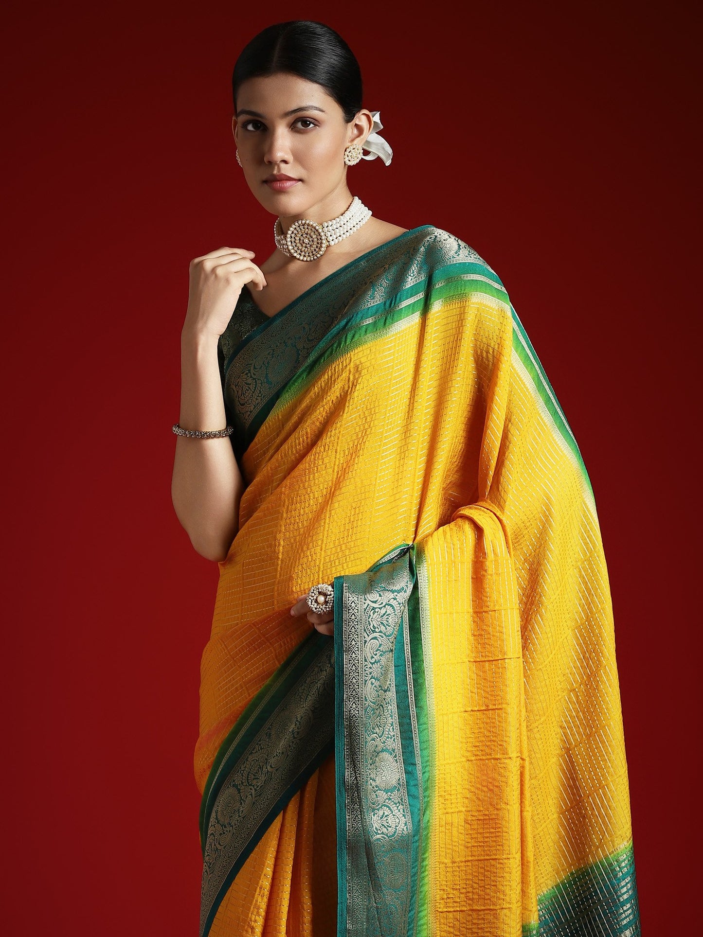 Yellow Leheriya Crepe Woven Saree