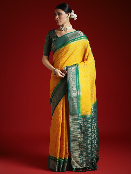 Yellow Yellow Leheriya Crepe Woven Saree