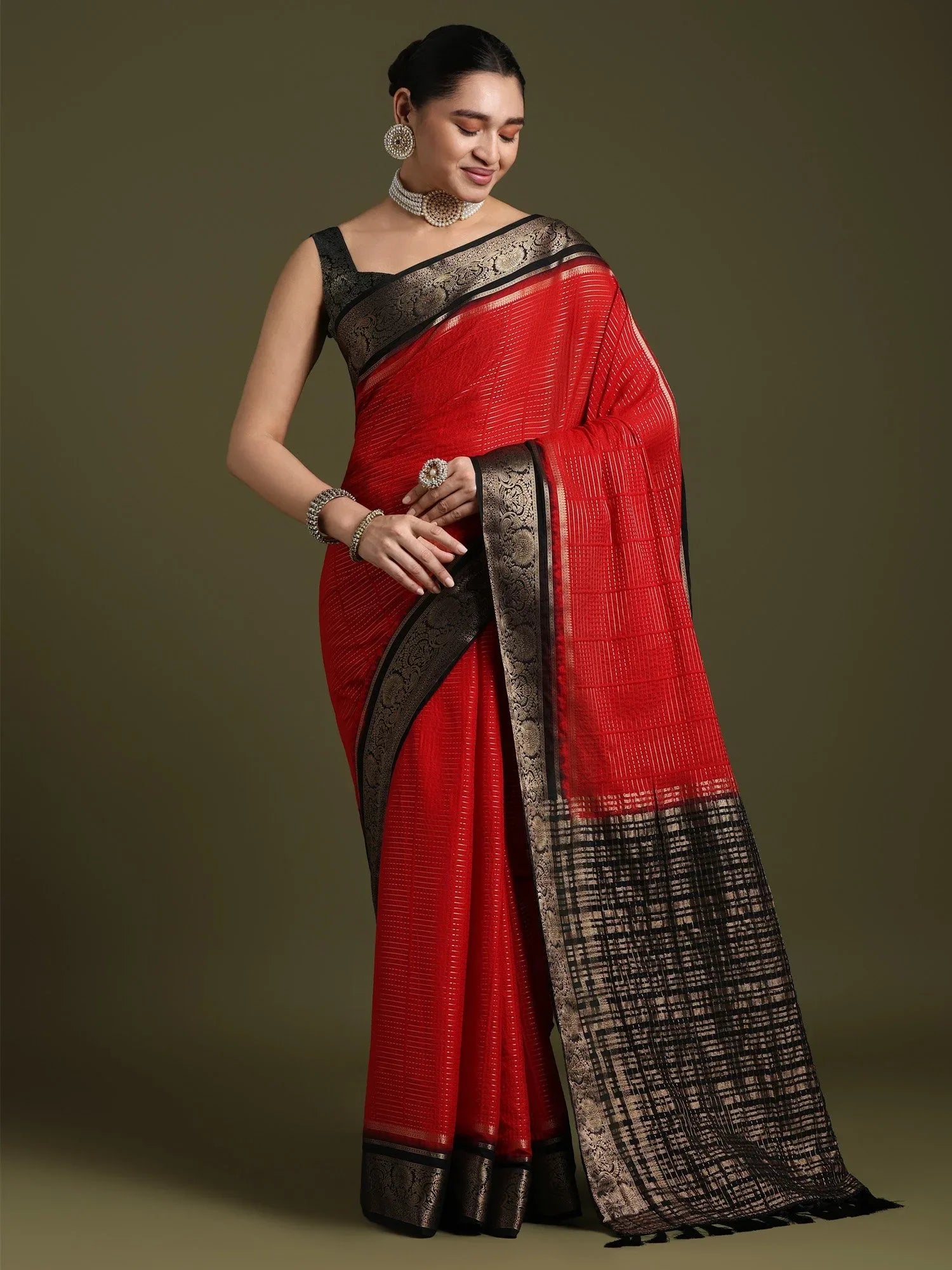 Red Leheriya Crepe Woven Saree